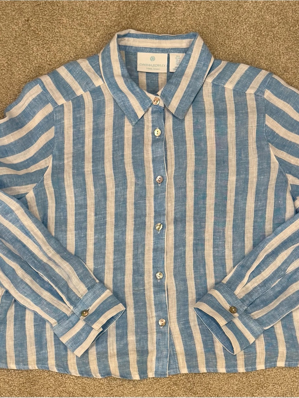 Cynthia Rowley Blue and White Vertical Stripe Linen Button-Down